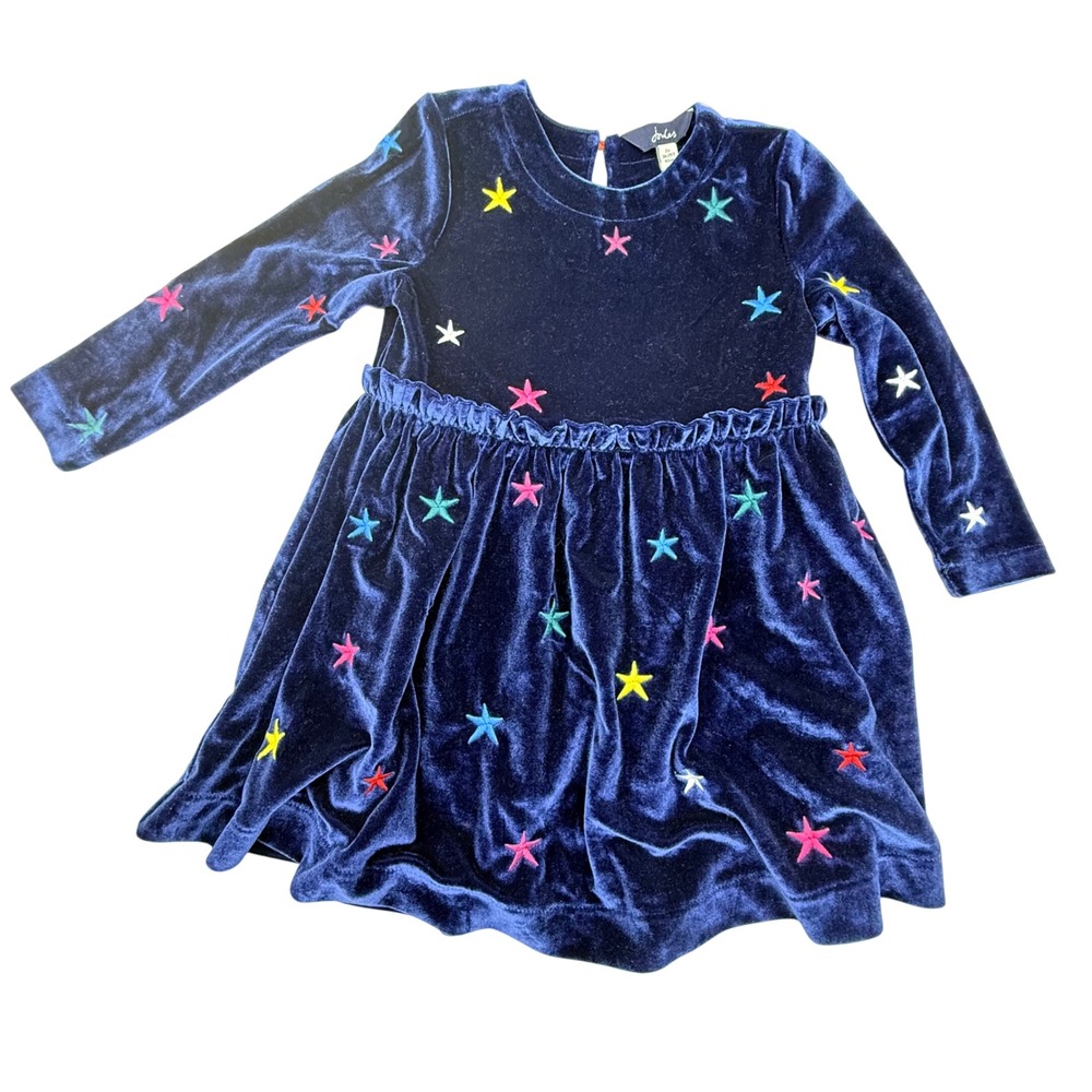 Joules Toddler Girls Navy Blue Velvet Embroidered Star Dress 2Y Long Sleeve